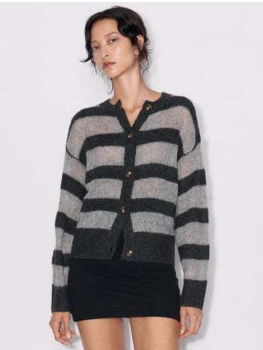 ZARA Striped Knit Cardigan Wool Alpaca Blend Open Knit Sweater, Gray